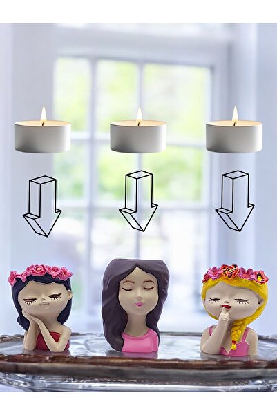 sharp&art TATLI KIZLAR DEKORATİF 3'LÜ MUMLUK SET, KAKTÜS, SUKULENT SAKSISI,TE...