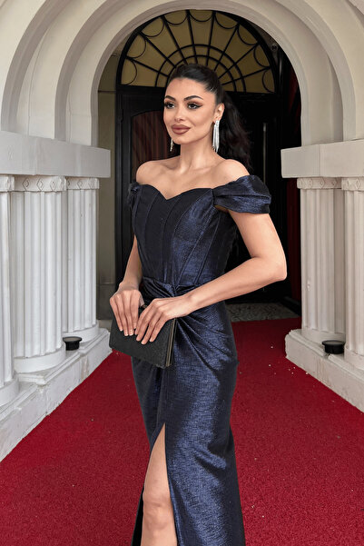 giyimmasalı Desenli Parlak Kumaş Korse Detaylı Balık Elbise - LACİVERT