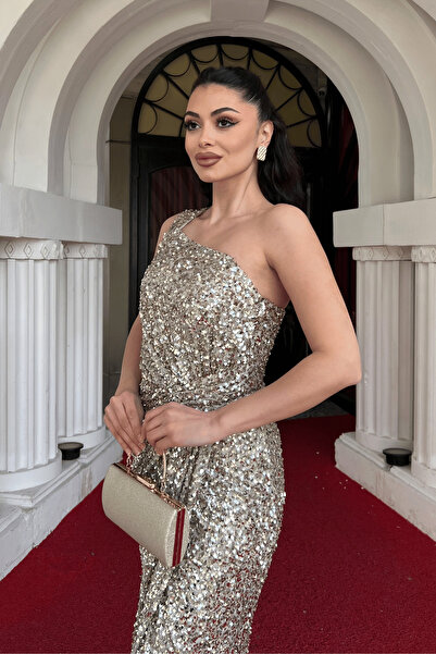 giyimmasalı Payet Kumaş Tek Kol Kalem Elbise - GOLD