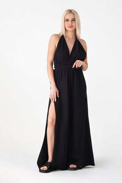 Fashion Showcase Φόρεμα Muslin Φόρεμα παραλίας με λεπτομέρεια πλεξίματος από φυσικό βαμβάκι - Μαύρο