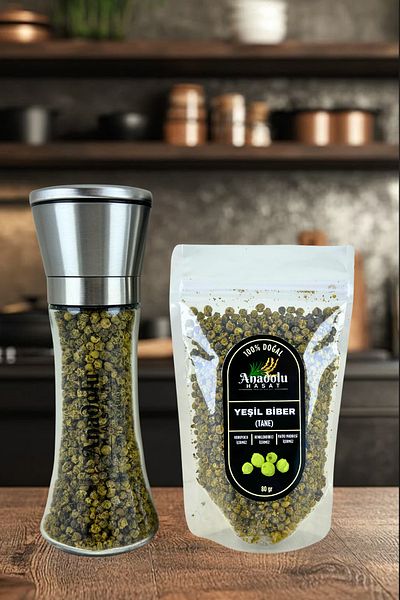 ANADOLU HASAT Green Grain Black Pepper 80Gr + Spice and Salt Grinder (Salt Mill) with Metal Ceramic Blade Full