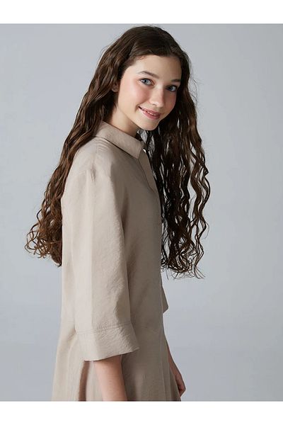 LC Waikiki Lcw Teen Beige Shirt Collar Young Girl Dress