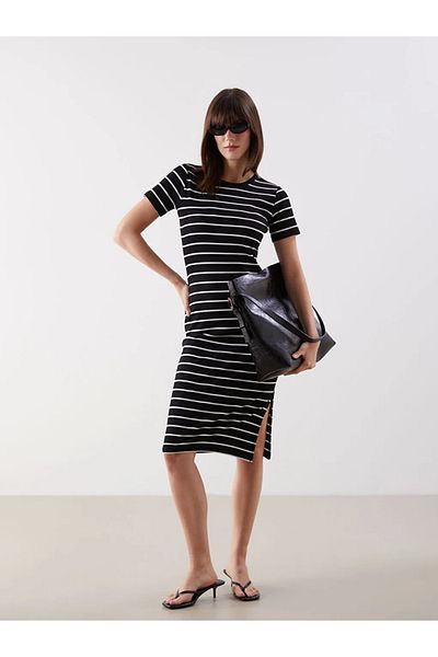 LC Waikiki Lcw Comfort Black Crew Neck Striped Dress