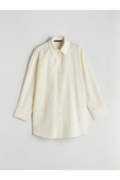 LC Waikiki Lcw Modest Ecru Striped Oversize Women's Shirt Tunic
