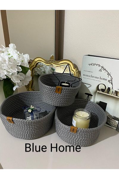 Blue Home Ψάθινο καλάθι 3 τεμαχίων, ψάθινο καλάθι για πετσέτες, οργανωτής κουζίνας και μπάνιου, σετ καλαθιών πολλαπλών χρήσεων