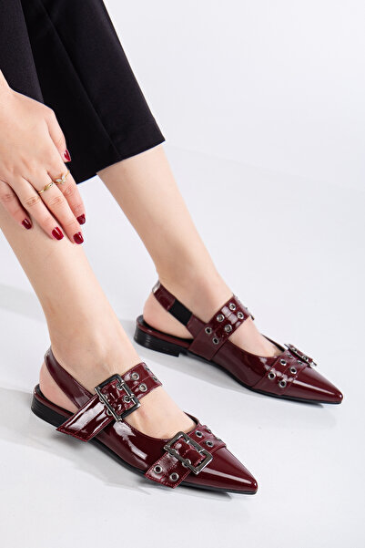 MS SUGAR SHOES Kadın Rugan Kemer Detaylı Sivri Burun Babet