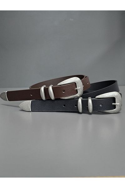 Kemerix 100% Genuine Leather Tin Coated Suit Buckle Black-Bitter Brown 2-Piece Belt Set