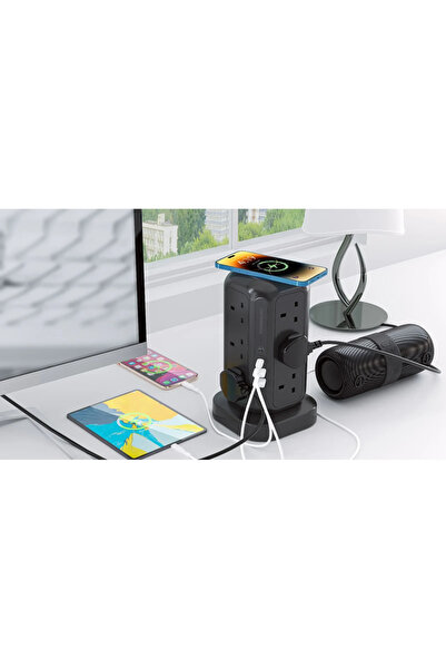 Powerology 12 Prizli GaN Kule Tipi Çoklu Priz USB ve Kablosuz Şarj