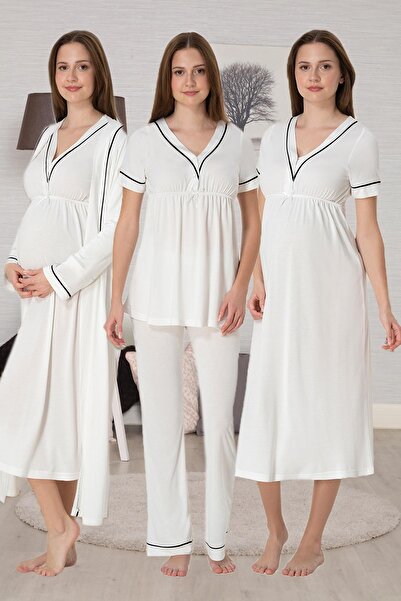 CT MODA Lohussa Women's Ecru Special Design Cotton Maternity Dressing Gown, Pajama Set, Nightgown Set of 4