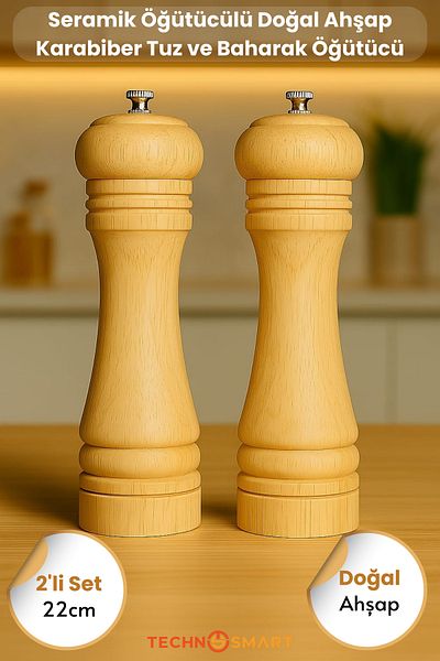 TechnoSmart Set of 2 Natural Wooden Mill Spice Grinder Pepper Salt Coffee Salt Shaker Pepper Shaker