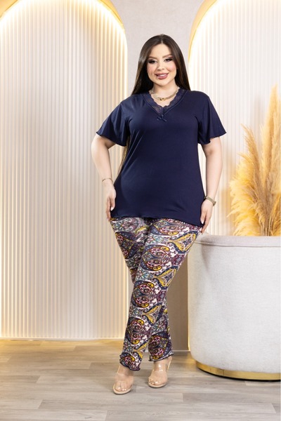 şuranur %100 Bambu Dantel Detaylı Tshırt - Desenli Pijama Geniş Kesim Pijama Takımı