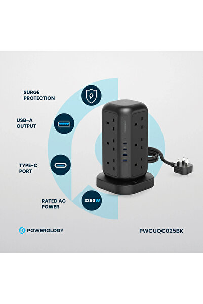 Powerology 12 Prizli GaN Kule Tipi Çoklu Priz USB ve Kablosuz Şarj
