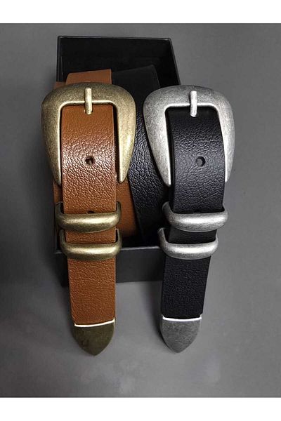 Kemerix 100% Genuine Leather Black Tin-Tan Antique Coated Suit Buckle 2-Piece Belt Set