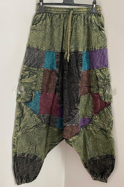 AYASOFYA OTANTIK Unisex Nepalese Green Ethnic Pattern Loose Bohemian Baggy Trousers with Elastic Waist and Legs Cargo Pockets