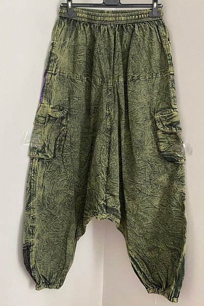 AYASOFYA OTANTIK Unisex Nepalese Green Ethnic Pattern Loose Bohemian Baggy Trousers with Elastic Waist and Legs Cargo Pockets