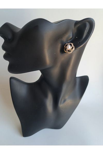 BHR AKSESUAR Gold Zircon Cubic Zirconia Pearl Flower Earrings