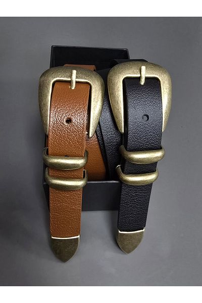 Kemerix 100% Genuine Leather Antique Coated Suit Buckle Black-Tan 2-Piece Belt Set