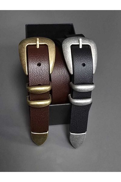 Kemerix 100% Genuine Leather Black Tin-Brown Antique Coated Tool Buckle 2-Piece Belt Set