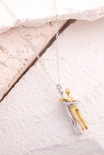 Lucente Jewellery Özel Hediye Kutulu 925 Ayar Altın Gümüş Kaplama Kolye Sarılan Çift Sevgili Kolyesi