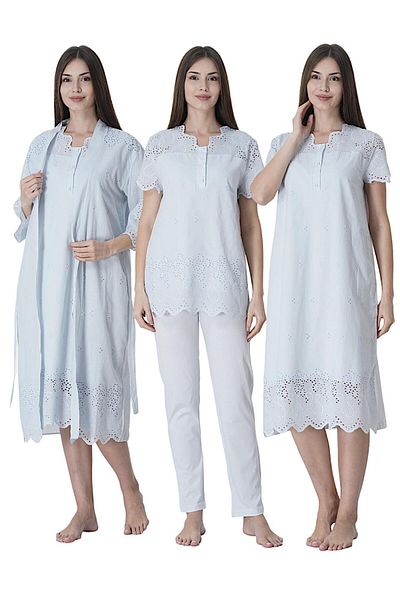 CT MODA Rochie de maternitate pentru femei, albastru, cu detalii de feston, design special de vară, set de pijamale, set de cămașă de noapte din 4 piese