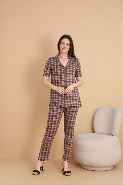 şuranur Shirt Collar Buttoned Organic Bamboo Beige Plaid Patterned Pajama Set