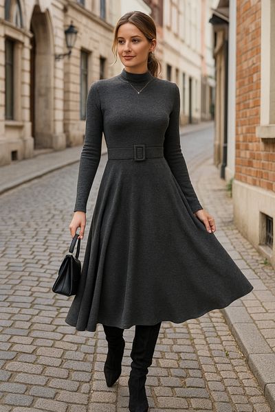 İpeksi Silky Women's Long Sleeve Turtleneck Belt Detail Yumoş Midi Dress
