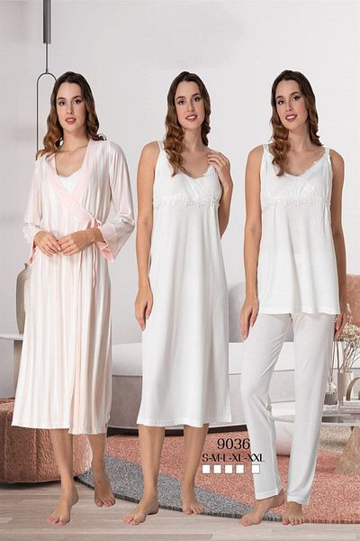 CT MODA Women's Ecru Striped Straps Summer Special Design Maternity Dressing Gown, Pajama Set, Nightgown Set of 4