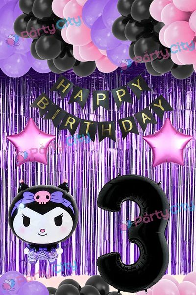 Party City Σετ μπαλονιών με θέμα το 3 ετών Kuromi Foil Balloon - Σετ μπαλονιών για γιορτή γενεθλίων με αστέρια - φόντο