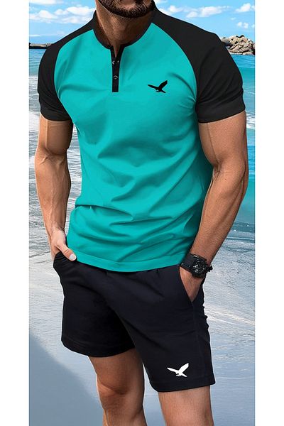 aynewmoda Costum casual de vară pentru bărbați, cu model simplu, mâneci scurte și pantaloni scurți
