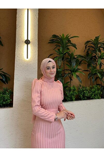 LEİLATELİER Simli Belden Kuşaklı Pudra Tesettür Abiye Elbise