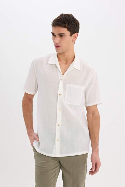 DeFacto Relax Fit Polo Collar Linen Look Summer Short Sleeve White Shirt E1230Ax25Sm