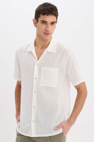 DeFacto Καλοκαιρινό κοντομάνικο πουκάμισο Relax Fit Polo Neck Linen Look E1230AX25SM