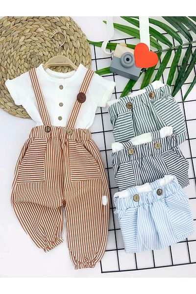 Marsilyan 9-12-18-24 Months Cotton Linen Pocketed Striped 2-Piece Baby Boy Salopet Set