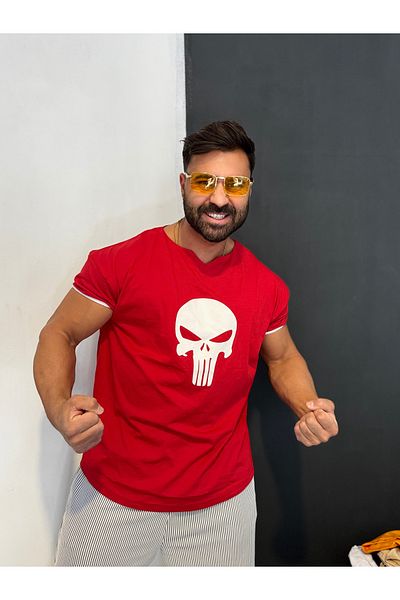 Bas Body FitnessWear Punisher Printed Narrow Sleeve Fit Model Body Loose 100% Cotton V-Neck Sports Casual Fitness T-Shirt