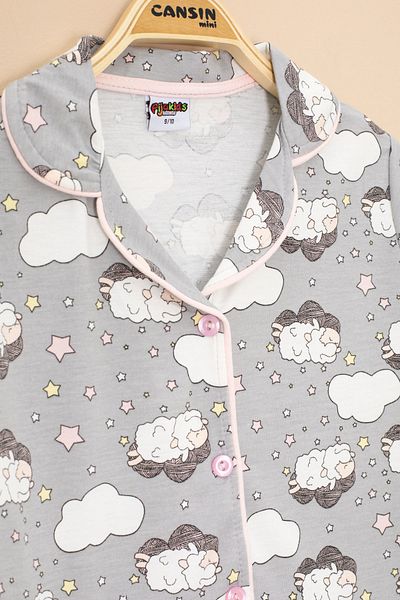 Cansın Mini Gray Lamb Patterned Short Sleeve Girl's Eye Banded Pajama Set 20594