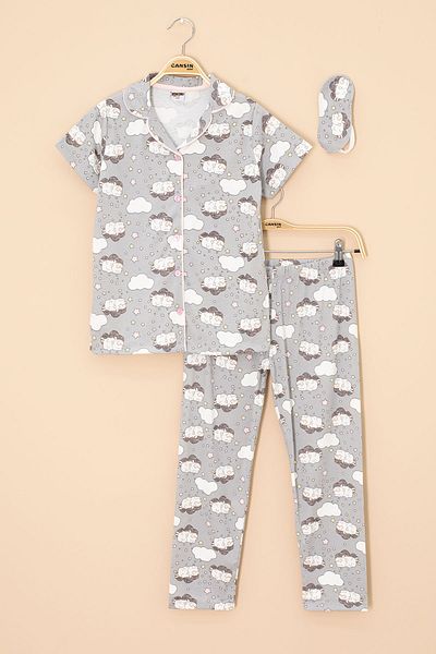 Cansın Mini Gray Lamb Patterned Short Sleeve Girl's Eye Banded Pajama Set 20594