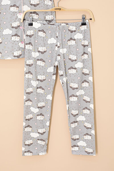 Cansın Mini Gray Lamb Patterned Short Sleeve Girl's Eye Banded Pajama Set 20594