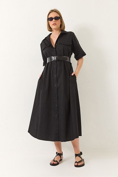 Bianco Lucci Women's Button Closure Pocket Detailed Belted Poplin Shirt Dress 60283191