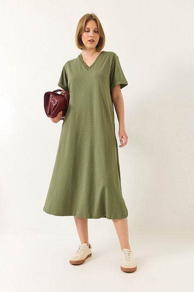Bianco Lucci Women's V Neck Short Sleeve Pocket Detailed Long Basic Dress 60283193