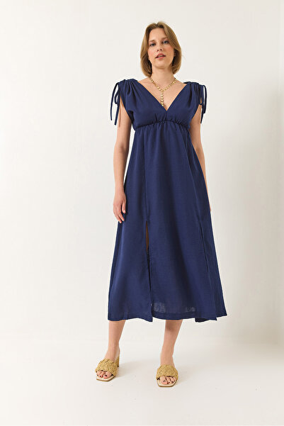 Bianco Lucci Rochie de damă cu decolteu în V, cu talie elastică, cu șireturi, cu detaliu texturat de in 437 60283175