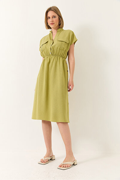 Bianco Lucci Women's Elastic Waist Snap Detailed Pocket Linen Dress 5921 60281033