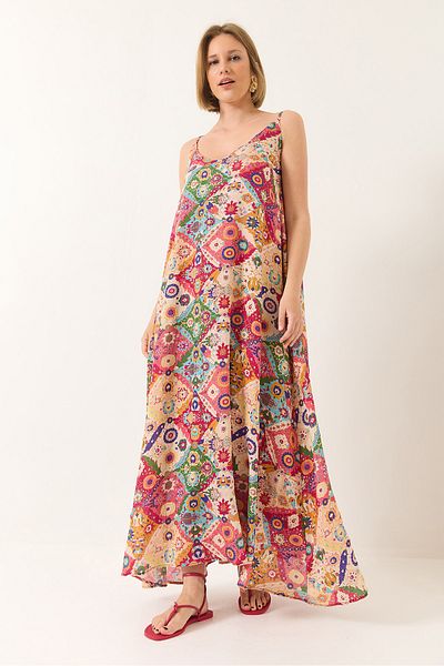 Bianco Lucci Women's V-Neck Thin Strap Print Lined Summer Long Dress 5991 60281030