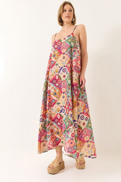 Bianco Lucci Women's Thin Strap Patterned Lined Summer Long Dress 5997 60281029
