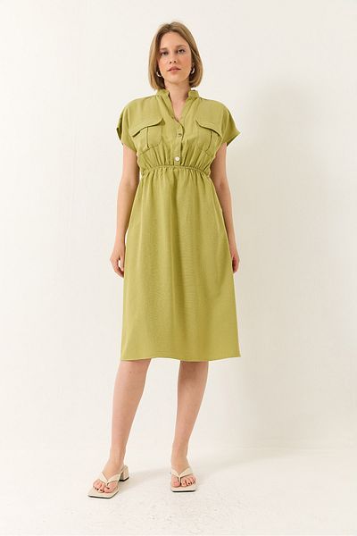 Bianco Lucci Women's Elastic Waist Snap Detailed Pocket Linen Dress 5921 60281033