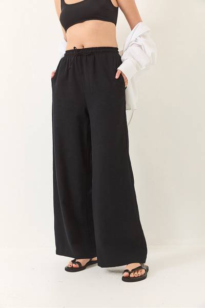 Bianco Lucci Women's Elastic Waist Tie Detailed Pocket Linen Wide Jogger Pants 3235 60281035