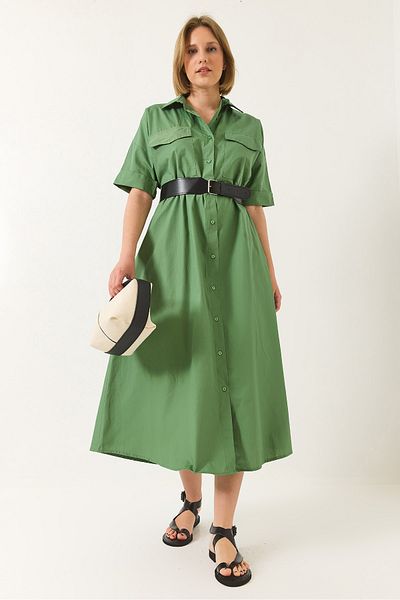 Bianco Lucci Women's Button Closure Pocket Detailed Belted Poplin Shirt Dress 60283191
