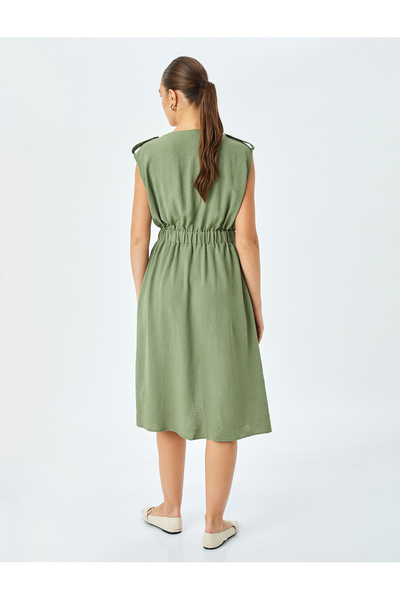 Koton Beli Lastikli Kemer Detaylı Cepli Kolsuz Midi Boy Elbise