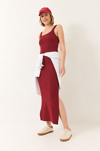 Bianco Lucci Women's Strappy Square Neck Slit Detailed Ottoman Midi Dress 295 60283176