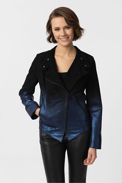 Deriderim Black Navy Blue Gradient Zippered Lined Bele Otuan Wide Cut Xenia Women's Genuine Suede Jacket