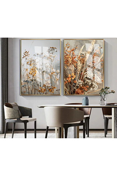 Harikabirev |soft|canlı Renk Kuru Bitki Çiçek Kombini|çerçeveli Cam Tablo 2li Dikey